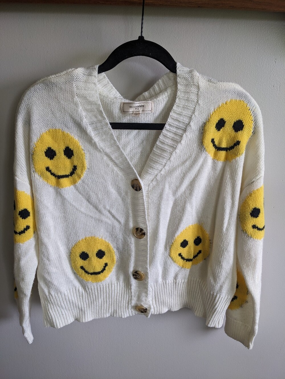Smiley Face Cardigan White Knit Oversized Cropped Button-Up Sweater Sz Small